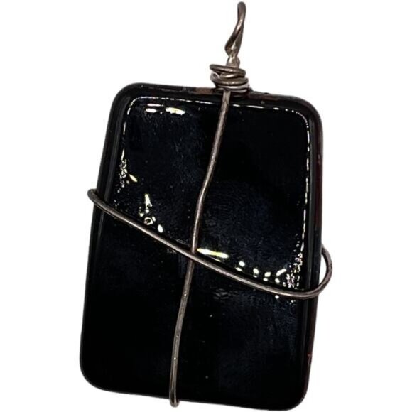 Handmade Artisan Glass Pendant Abstract Red Black Design Wrapped In Silver Wire - Picture 5 of 5